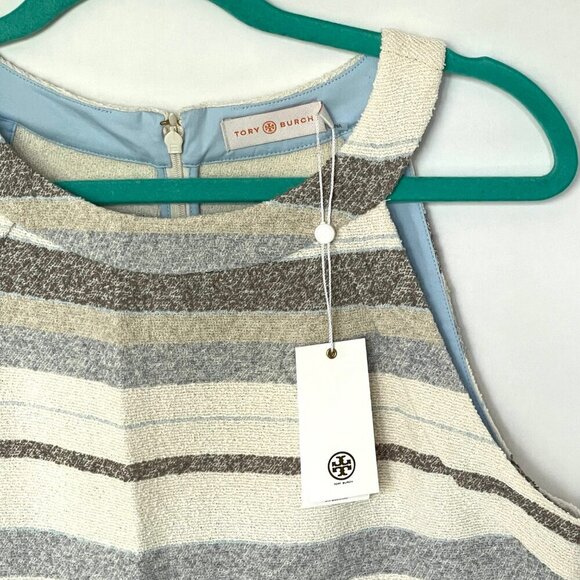 Tory Burch Mini Fringed Boho Dress 10 Ivory Sleeveless Cotton Sheath Stripe - Picture 5 of 14